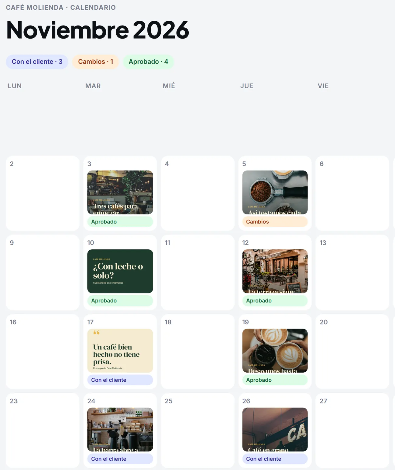 Pantalla de Publicados con los posts aprobados listos para descargar o programar