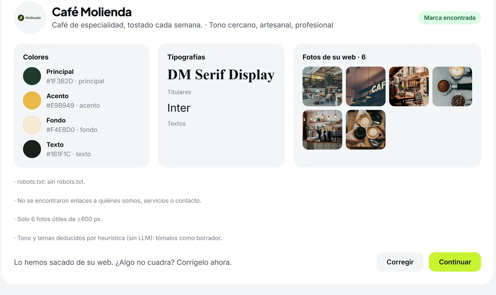 Marca detectada en Tintaki a partir de la web de Café Molienda: logo, cuatro colores, dos tipografías y seis fotos
