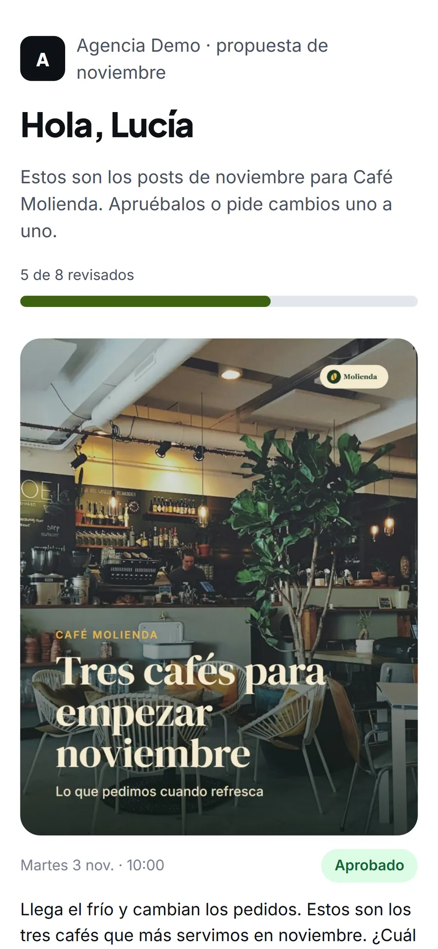 La propuesta de noviembre abierta en el móvil del cliente