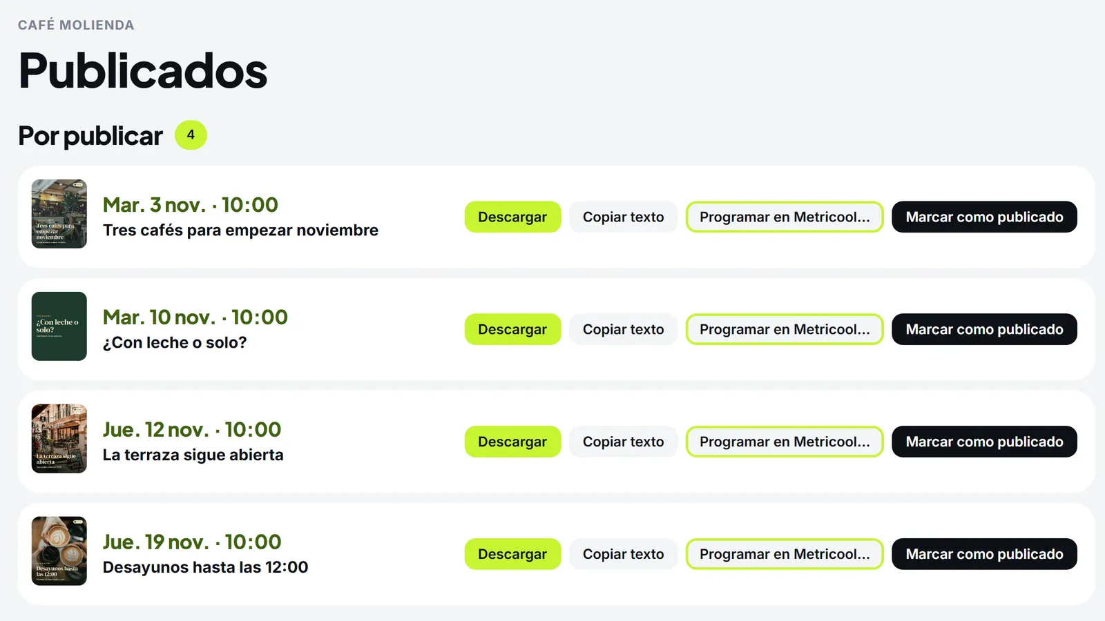 Pantalla de Publicados con los posts aprobados listos para descargar o programar